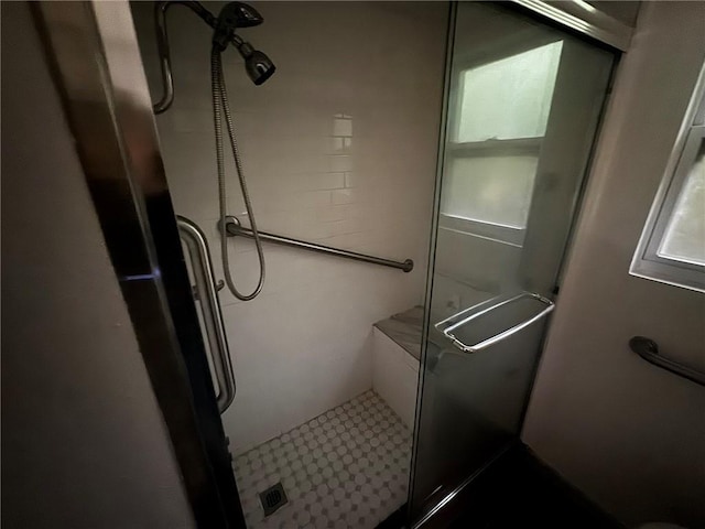 bathroom featuring a shower with shower door