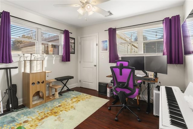 office area featuring ceiling fan and dark wood-type flooring