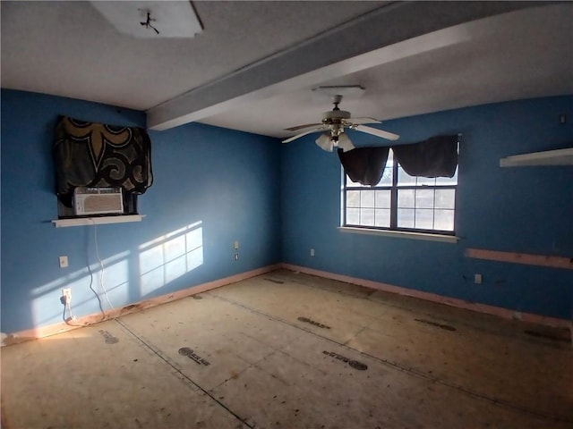 empty room with beamed ceiling, ceiling fan, and cooling unit