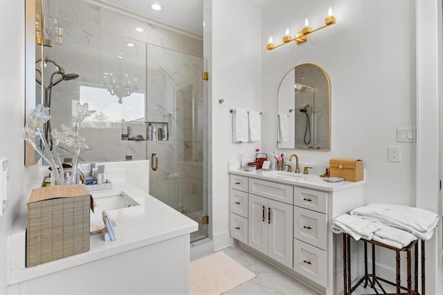 bathroom with vanity and an enclosed shower