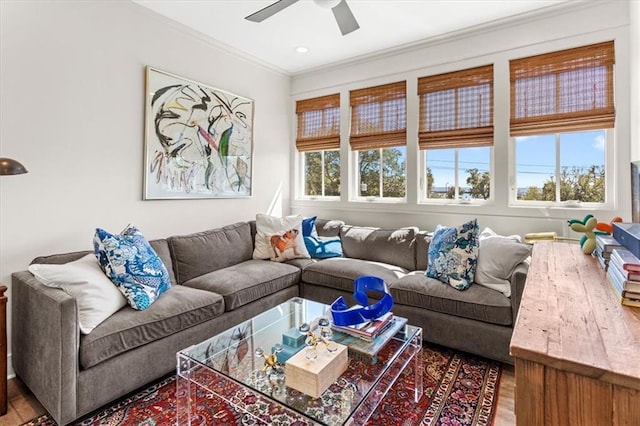 living room featuring ceiling fan, crown molding, and hardwood / wood-style flooring