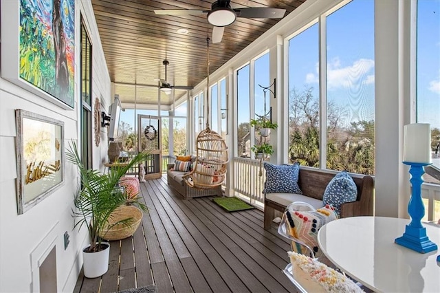 sunroom / solarium featuring ceiling fan and wood ceiling