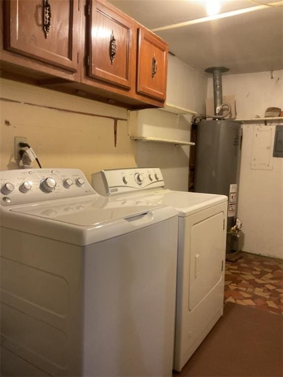 laundry area with cabinets, washer and clothes dryer, and water heater