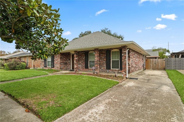 ranch-style house featuring a porch and a front lawn