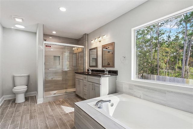 full bathroom featuring toilet, vanity, independent shower and bath, and a healthy amount of sunlight