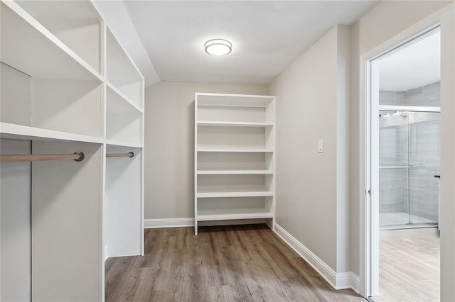 walk in closet with light hardwood / wood-style flooring