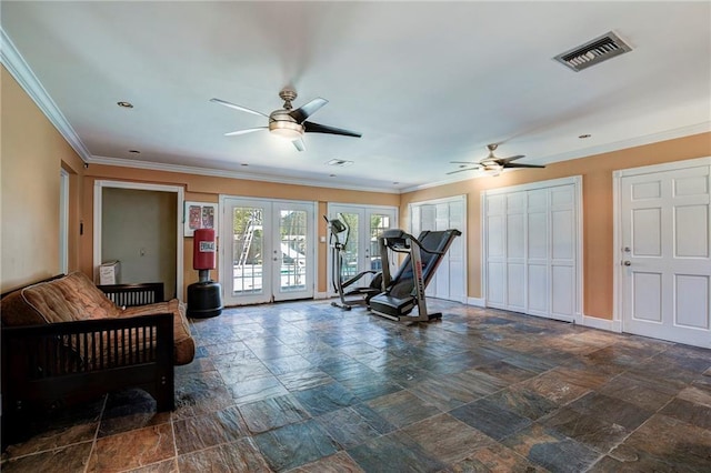 exercise area with ceiling fan, french doors, and ornamental molding