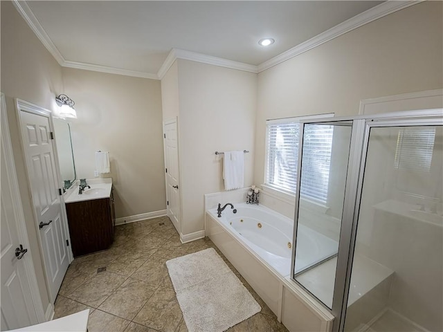 bathroom featuring tile patterned flooring, vanity, crown molding, and shower with separate bathtub