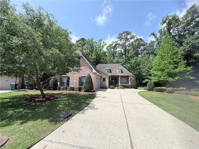 view of front of house with a garage, driveway, a front lawn, and brick siding