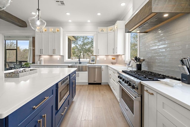 kitchen with white cabinetry, blue cabinetry, and stainless steel appliances