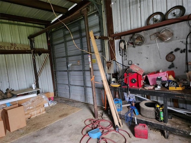 garage with a workshop area