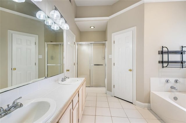 bathroom featuring tile patterned floors, plus walk in shower, and vanity