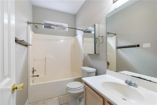 full bathroom with bathing tub / shower combination, vanity, tile patterned floors, and toilet