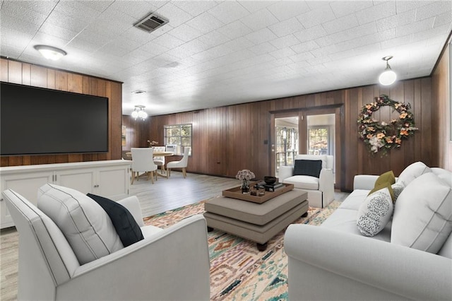 living room featuring wooden walls and a healthy amount of sunlight