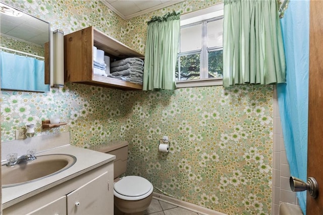 bathroom featuring vanity, crown molding, tile patterned flooring, a shower with shower curtain, and toilet