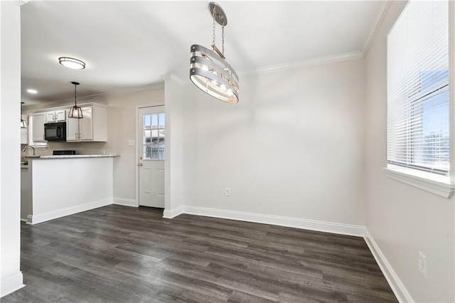 unfurnished dining area featuring crown molding and dark hardwood / wood-style floors