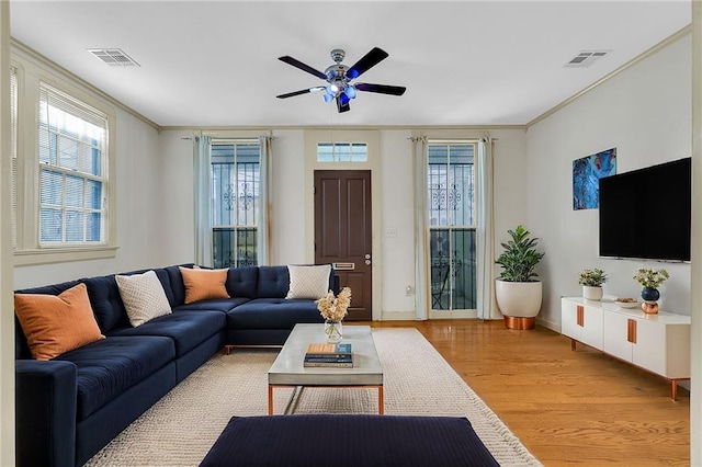 living room featuring crown molding, light wood-style flooring, healthy amount of natural light, and ceiling fan