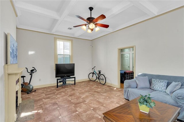 living room featuring ceiling fan, coffered ceiling, beamed ceiling, light tile patterned flooring, and ornamental molding