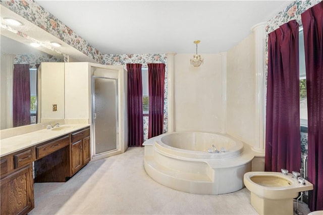 bathroom with vanity, a bidet, and shower with separate bathtub