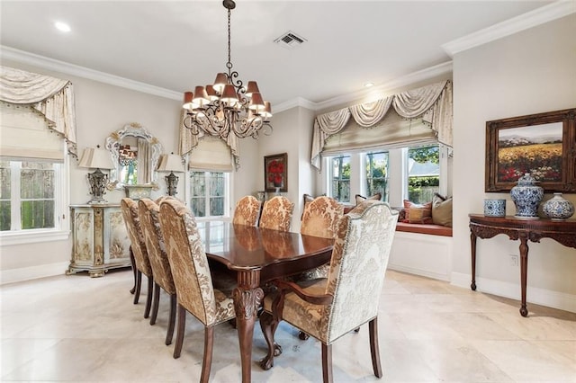 dining space with a notable chandelier and ornamental molding