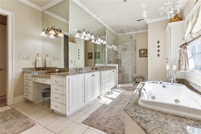 bathroom with tile patterned floors, vanity, crown molding, and independent shower and bath