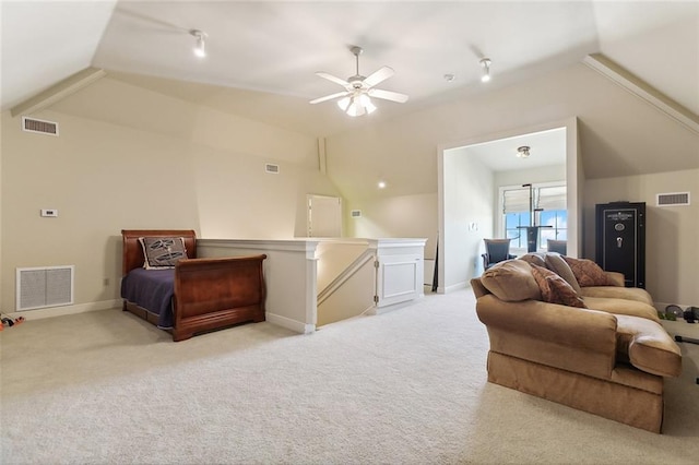 bedroom featuring ceiling fan, lofted ceiling, light carpet, and access to outside