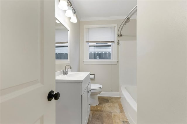 full bathroom featuring vanity, ornamental molding, tub / shower combination, and toilet