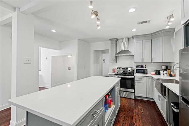 kitchen featuring wall chimney range hood, gray cabinets, stainless steel electric range oven, built in microwave, and a kitchen island