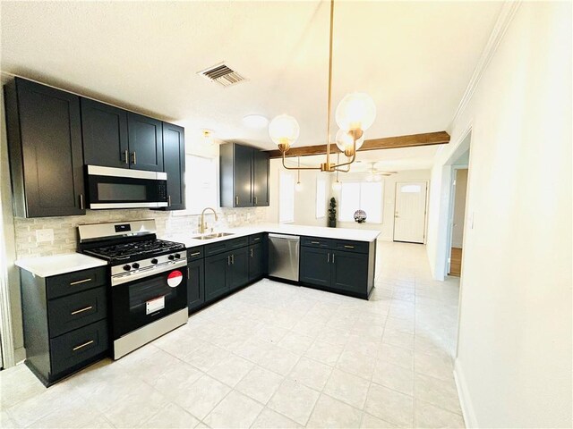 kitchen featuring backsplash, sink, hanging light fixtures, kitchen peninsula, and stainless steel appliances