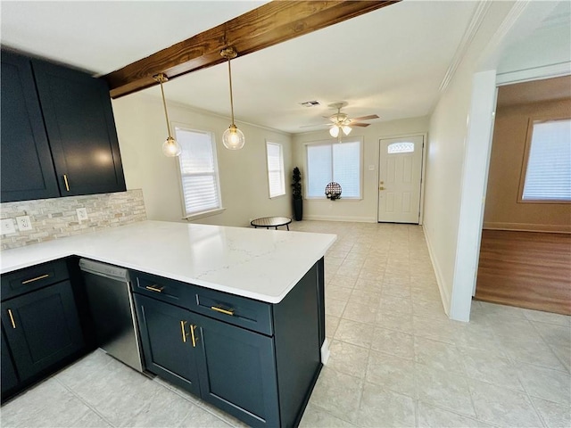 kitchen featuring pendant lighting, stainless steel dishwasher, ceiling fan, tasteful backsplash, and kitchen peninsula