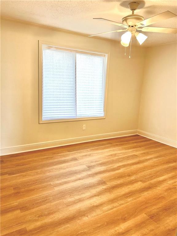 spare room with a textured ceiling, light hardwood / wood-style flooring, ceiling fan, and crown molding