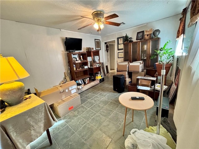 living room featuring ceiling fan and a textured ceiling