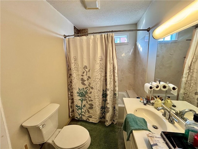 full bathroom with sink, shower / tub combo, a textured ceiling, and toilet