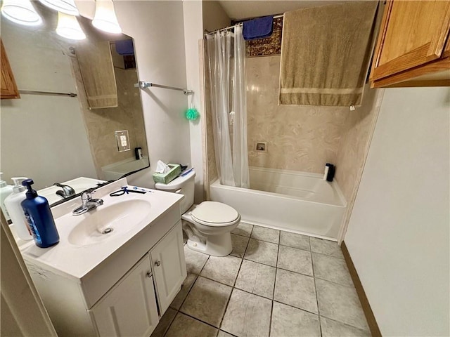 full bathroom with shower / tub combo, vanity, tile patterned floors, and toilet