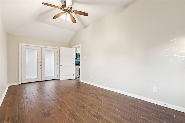 interior space featuring ceiling fan, french doors, and lofted ceiling