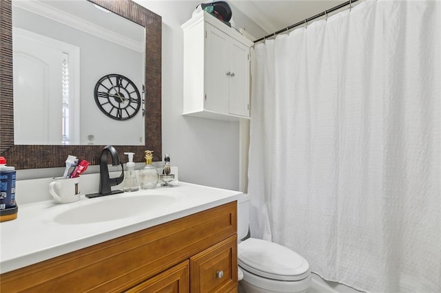 bathroom featuring vanity, curtained shower, toilet, and ornamental molding