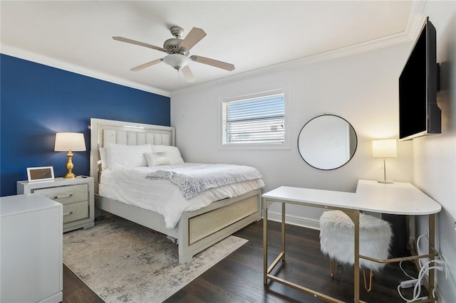 bedroom featuring ceiling fan, dark hardwood / wood-style flooring, and ornamental molding