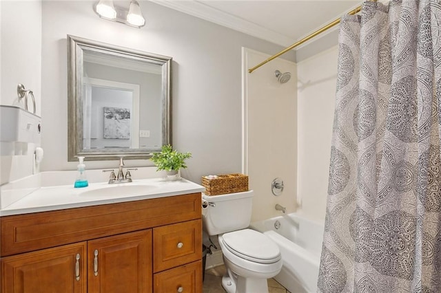 full bathroom featuring vanity, crown molding, shower / bathtub combination with curtain, and toilet