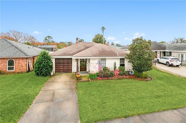 ranch-style home with a garage and a front lawn