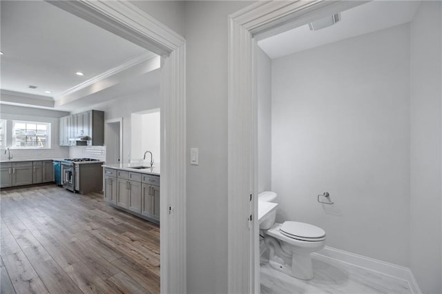 bathroom with crown molding, toilet, decorative backsplash, vanity, and hardwood / wood-style flooring