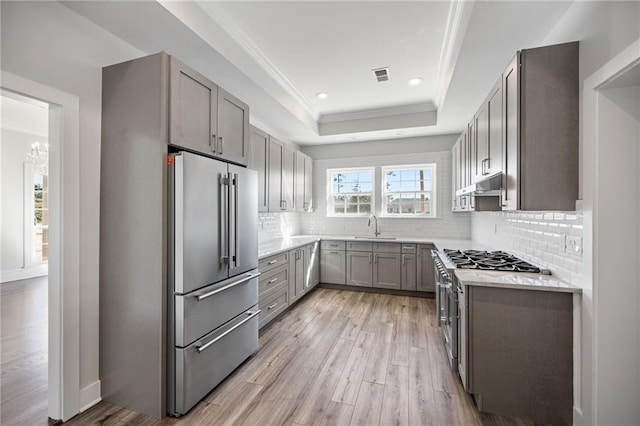 kitchen featuring tasteful backsplash, high quality fridge, a tray ceiling, sink, and light hardwood / wood-style flooring