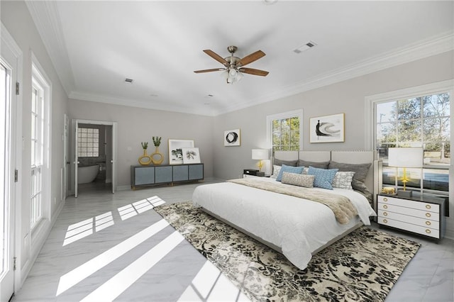 bedroom with multiple windows, ceiling fan, and ornamental molding