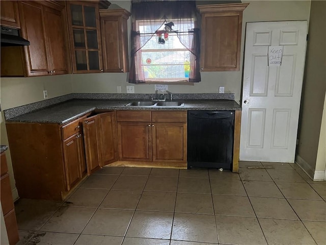 kitchen with tile patterned floors, dishwasher, sink, and extractor fan