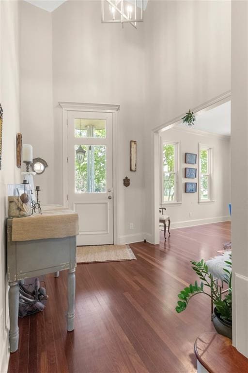 foyer entrance featuring plenty of natural light, a towering ceiling, an inviting chandelier, and dark hardwood / wood-style flooring