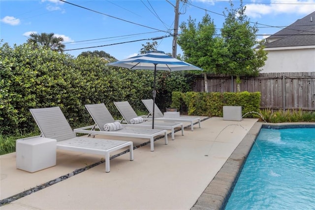 view of swimming pool featuring a patio area