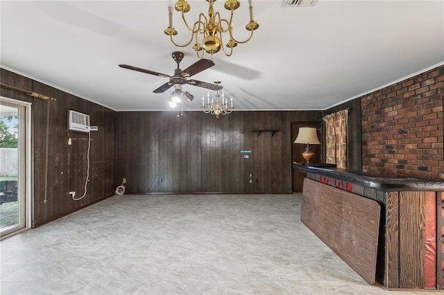 bar with dark brown cabinetry, wooden walls, and an AC wall unit