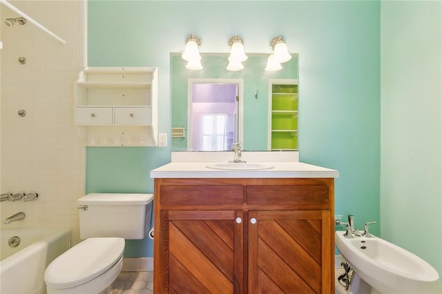 full bathroom featuring vanity, tiled shower / bath combo, a bidet, tile patterned flooring, and toilet