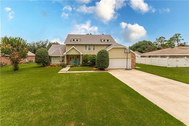 view of front facade with a front yard, fence, driveway, stucco siding, and a garage