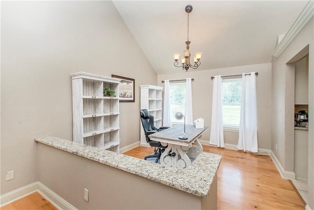 home office with baseboards, lofted ceiling, a chandelier, and light wood finished floors