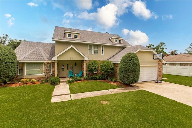 view of front of home featuring a front lawn, brick siding, driveway, and stucco siding